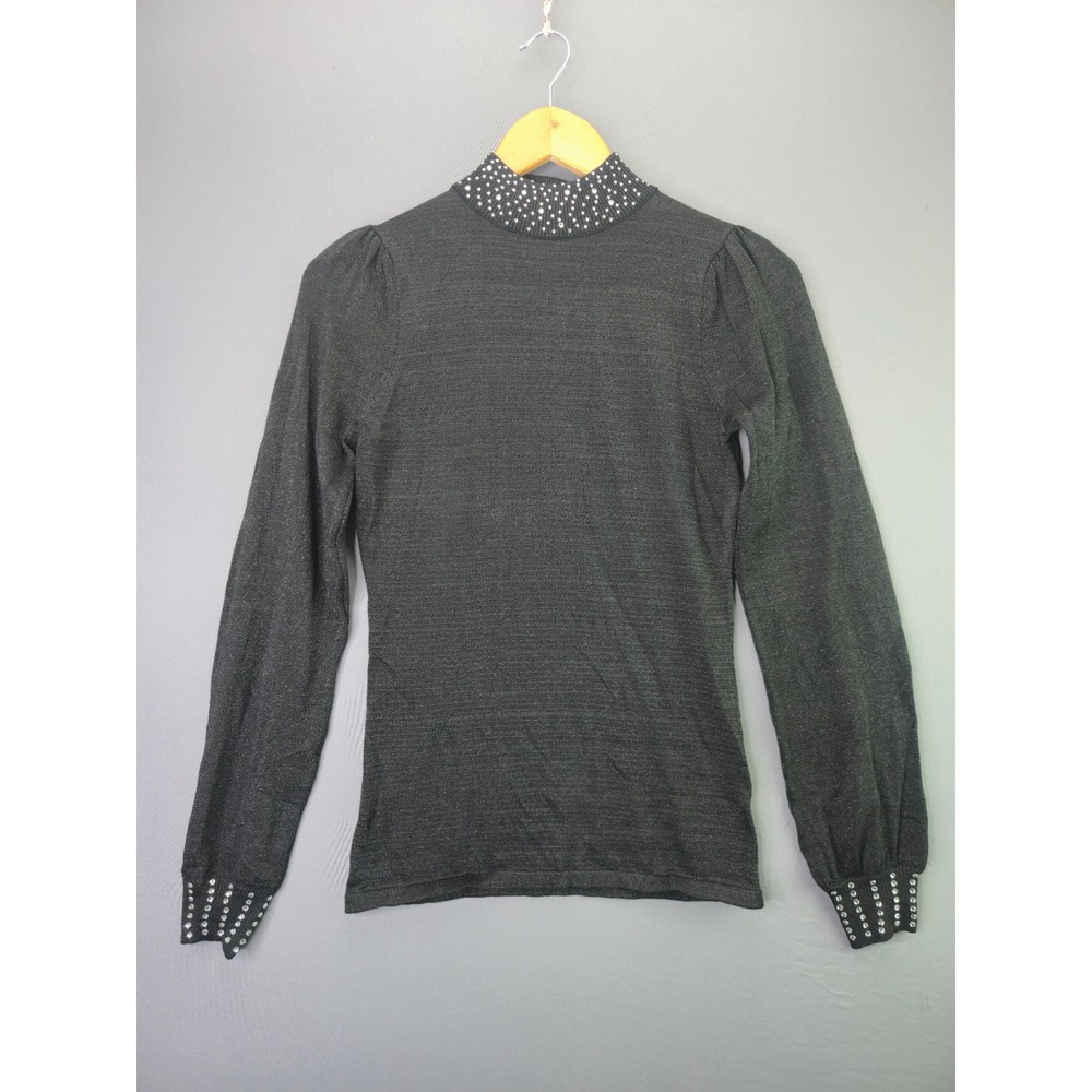Questions? Mock Neck Sweater Rhinestone Embellished Small Gray Metallic Puff Slv